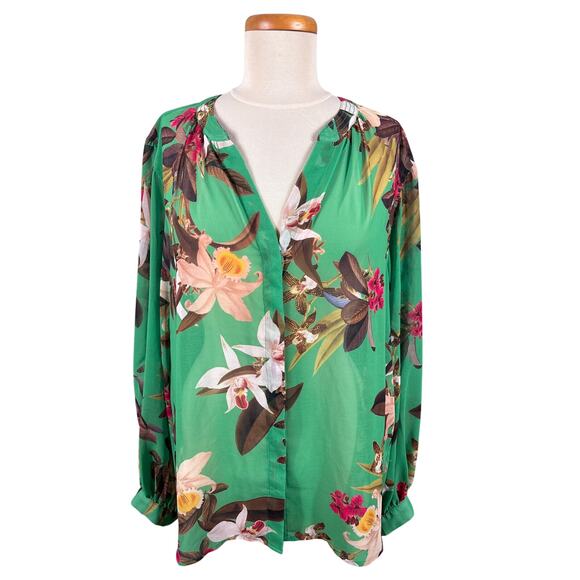 Chico's Blouse Top Women's Size XL Green Floral Sheer Preppy Casual Office - Picture 1 of 10